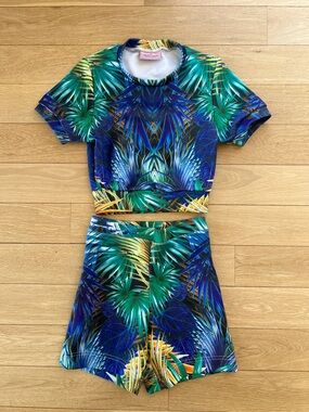 Tropical Palm Print Crop Top & Shorts Set - Blue/Green